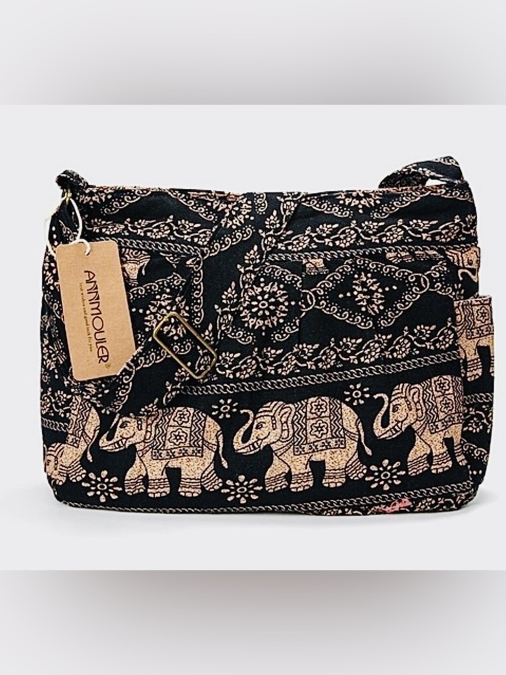 Black and Beige Elephant Print Crossbody Bag
